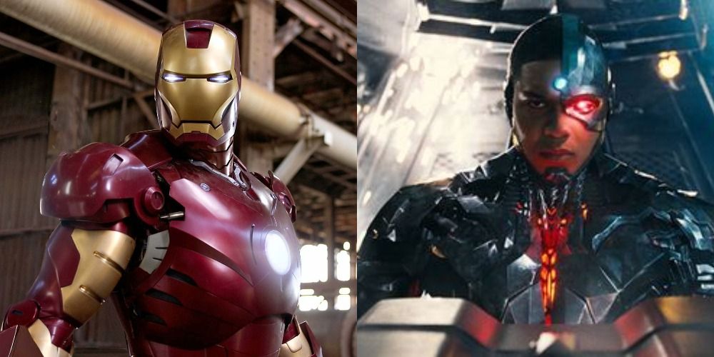 A split image of Iron Man and Cyborg standing strong in the MCU and DCEU