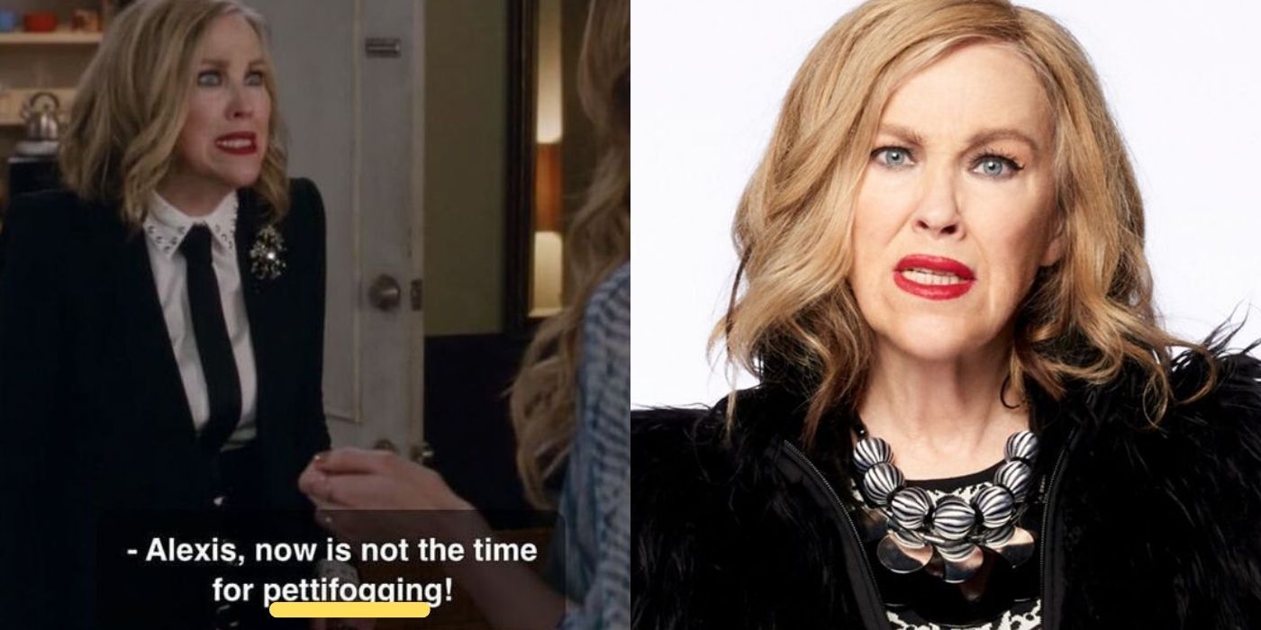 A split image of Moira talking to Alexis and making a face on Schitt's Creek