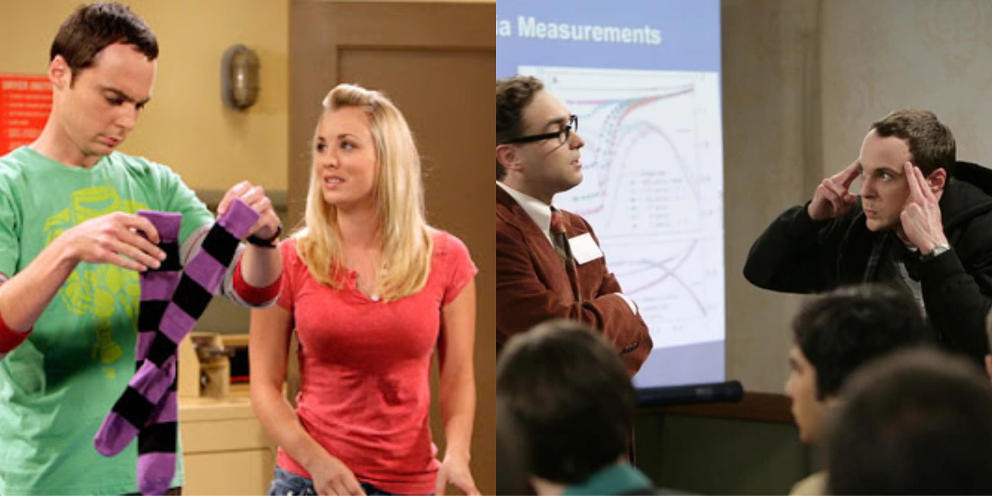 A split image of Penny and Sheldon talking and Sheldon and Leonard in The Big Bang Theory