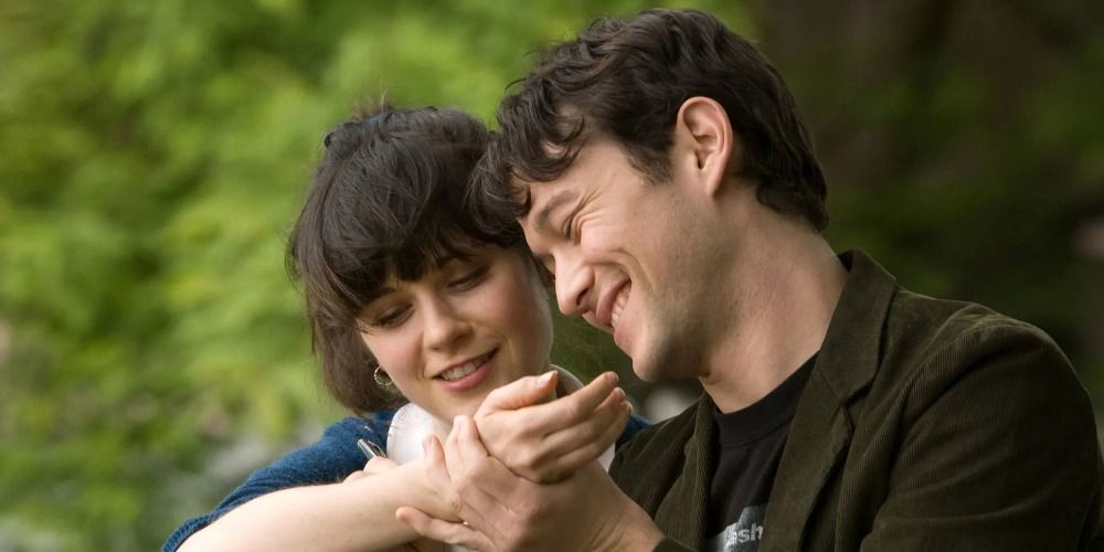 A split image of Tom and Summer laughing together in (500) Days of Summer