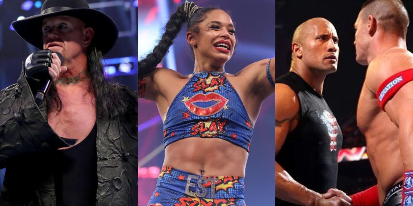 A split image of Undertaker on the microphone, Bianca Belair smiling and The Rock looking serious