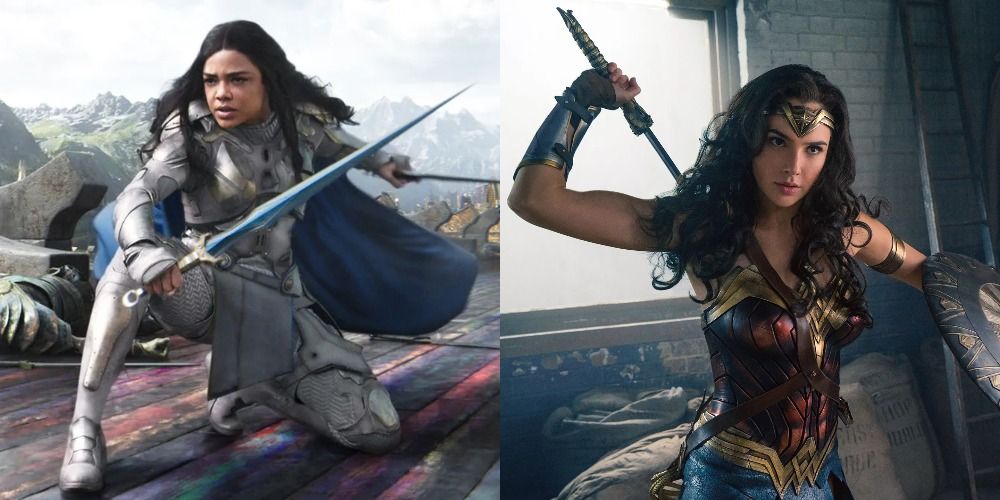 A split image of Valkyrie wielding a sword and Wonder Woman grabbing her sword
