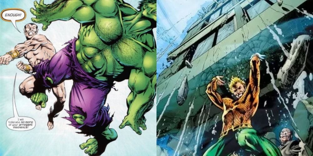 A split image of the Hulk fighting and Aquaman holding up a building in the comics