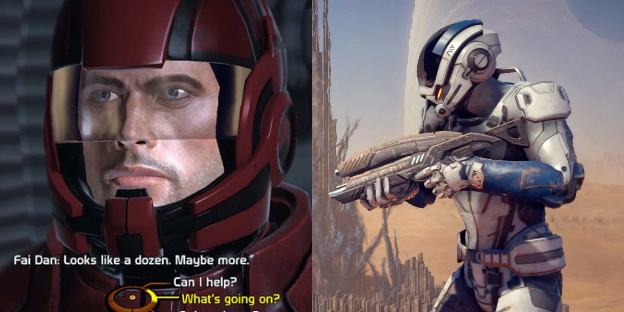 A split image of the main character wearing a helmet and a soldier walking the battlefield in Andromeda