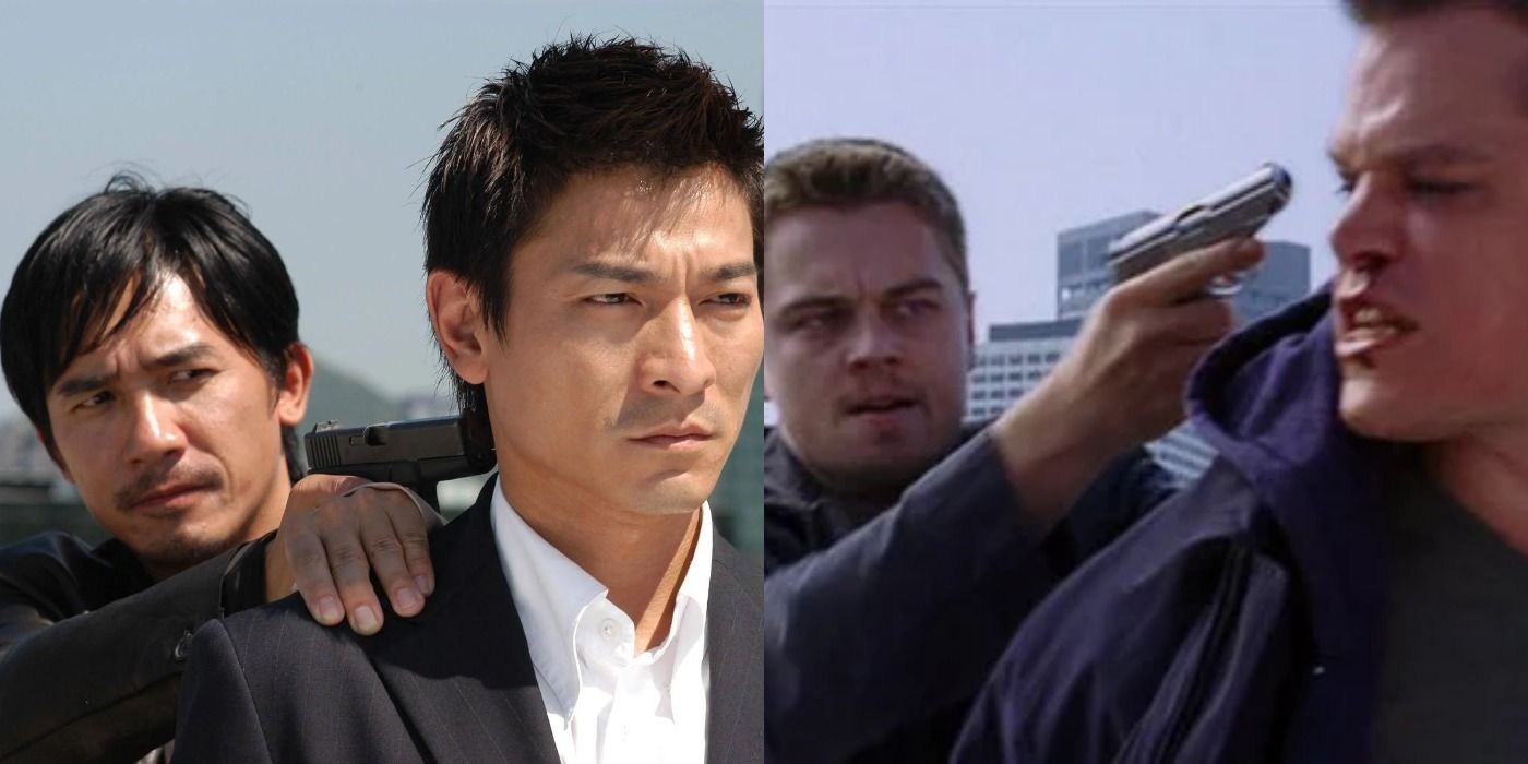 A split screen of Infernal Affairs and The Departed.
