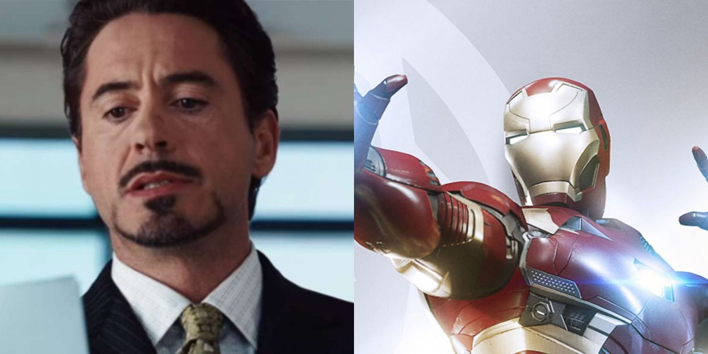 A split screen of Tony Stark and the comic version of Iron Man.