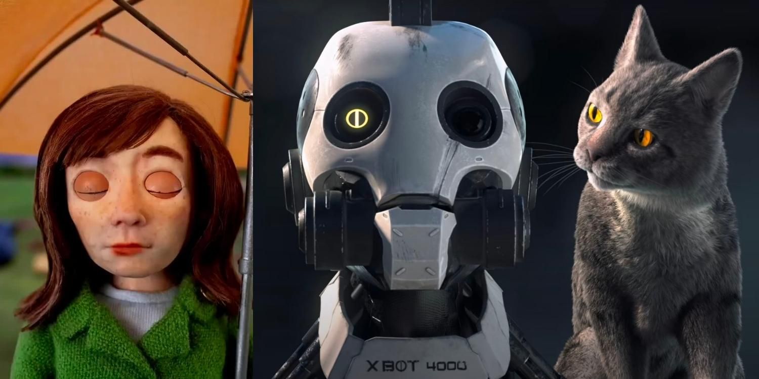 A woman with her eyes closed in The Shivering Truth and a robot and cat in Love Death Robots