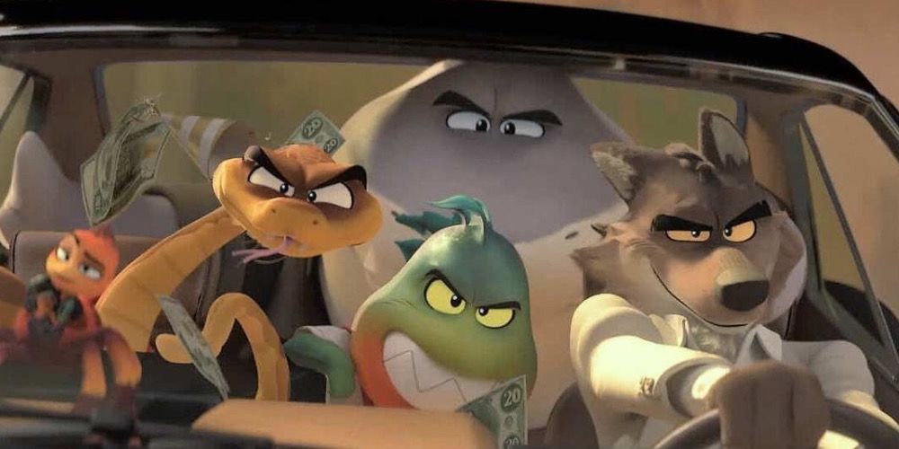 The Bad Guys main characters driving a car in a chase at the beginning of the movie 