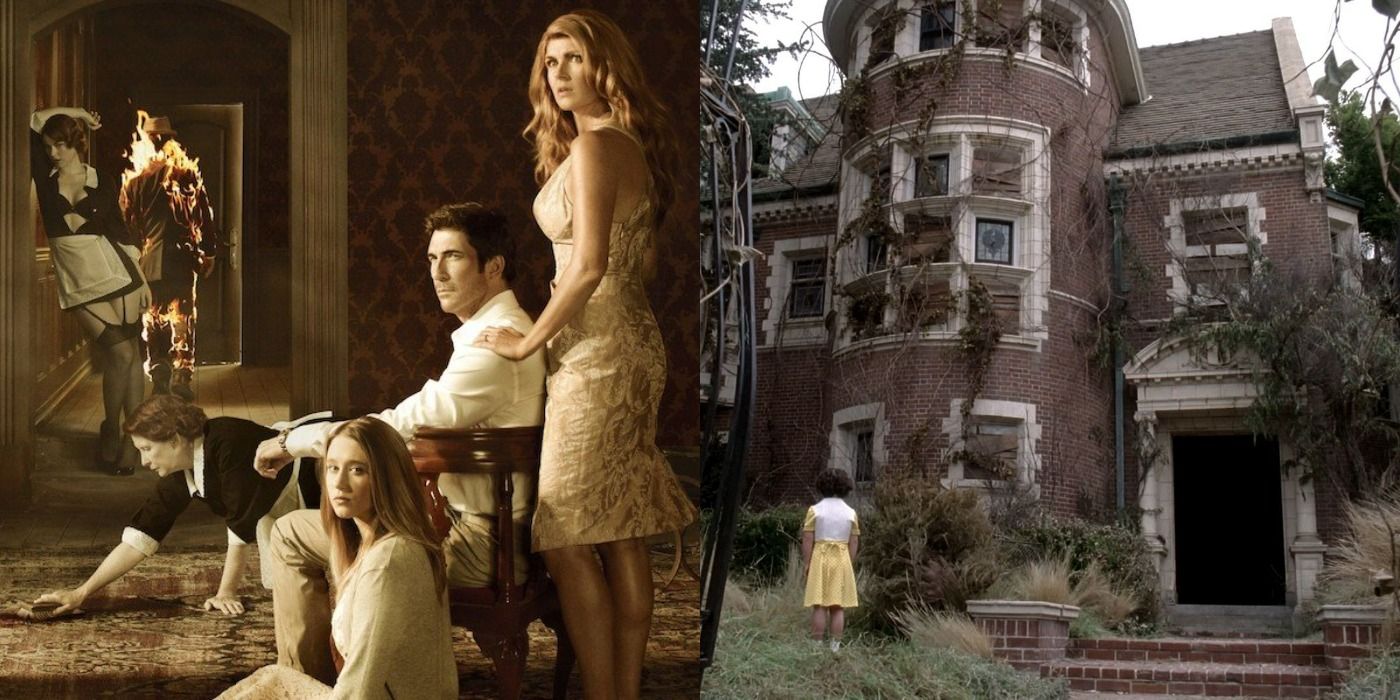 Split image showing the cast of AHS and the Murder House.
