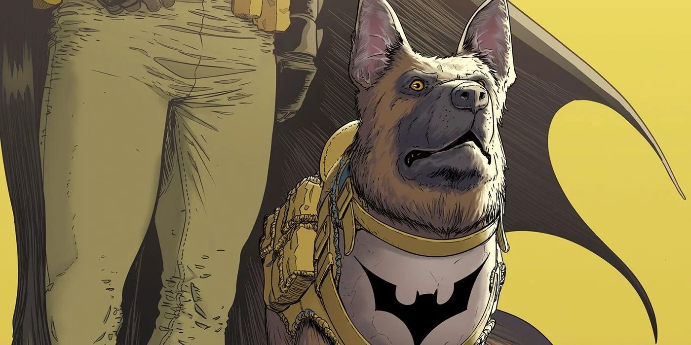 Ace the Bat-Hound wearing his gear and standing next to Batman in the comics.
