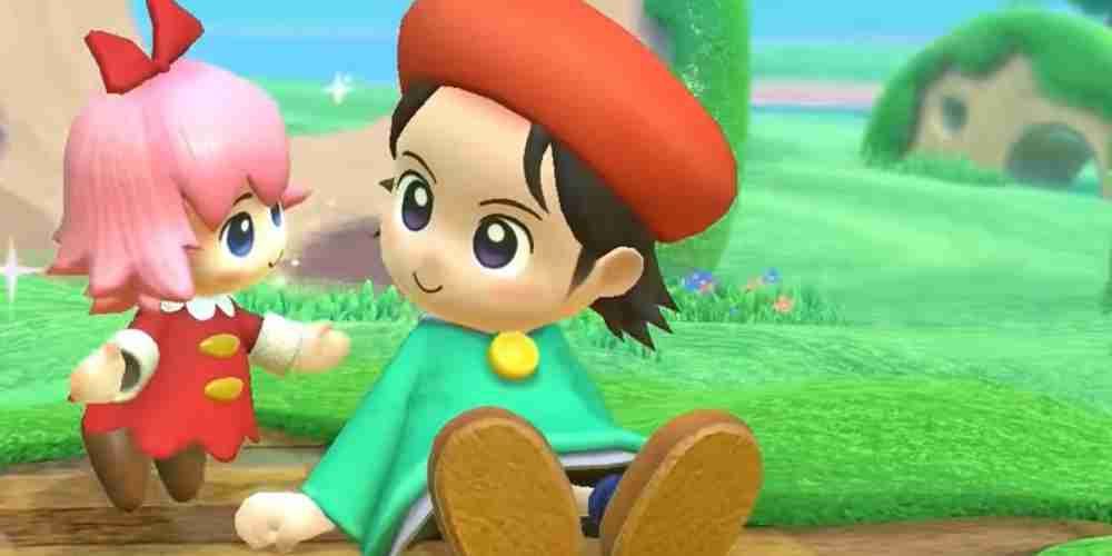 Adeleine looks at her fairy friend Ribbon in Kirby Star Allies.