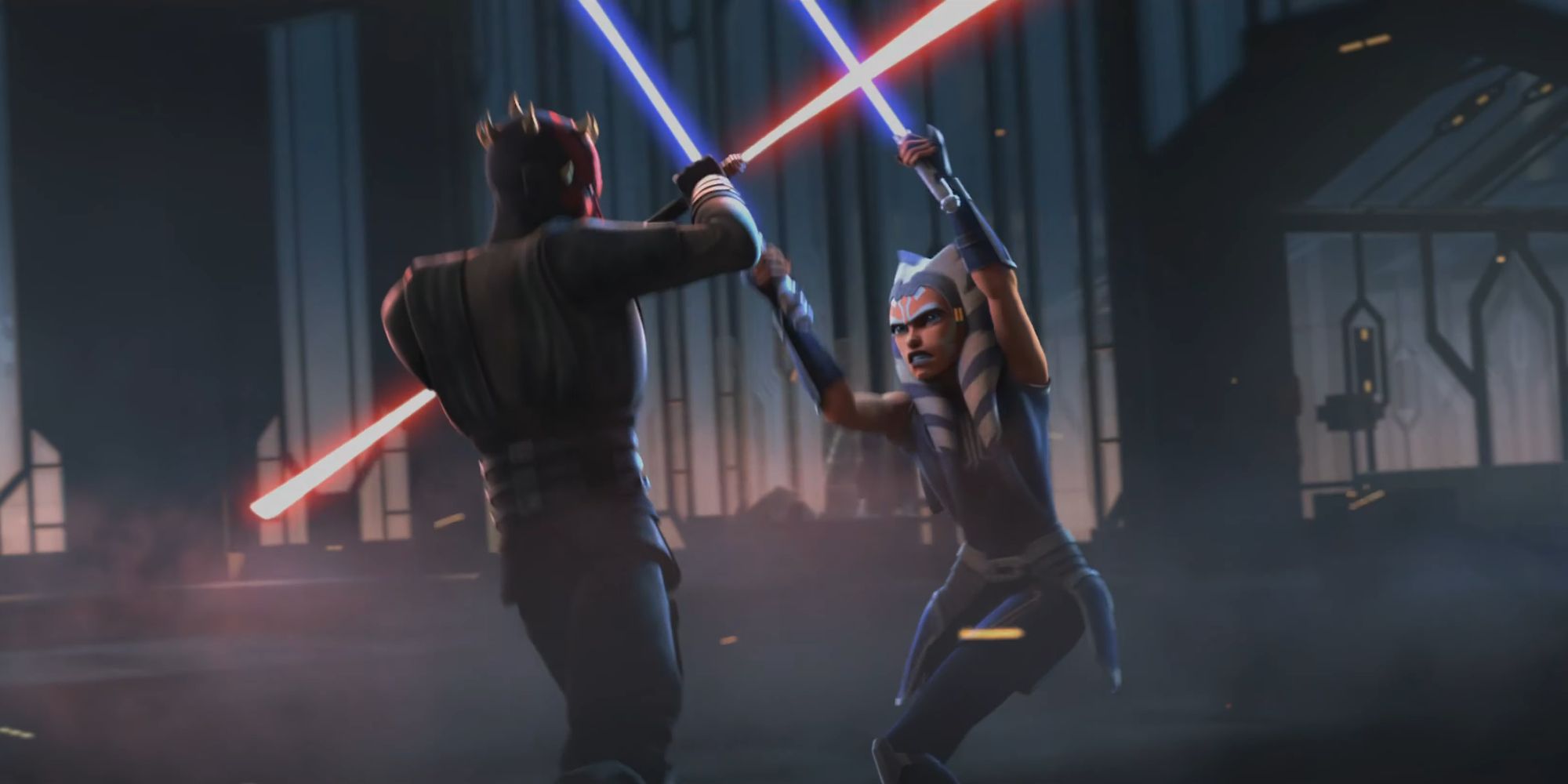 Ahsoka Tano battling Darth Maul on Mandalore in Star Wars The Clone Wars