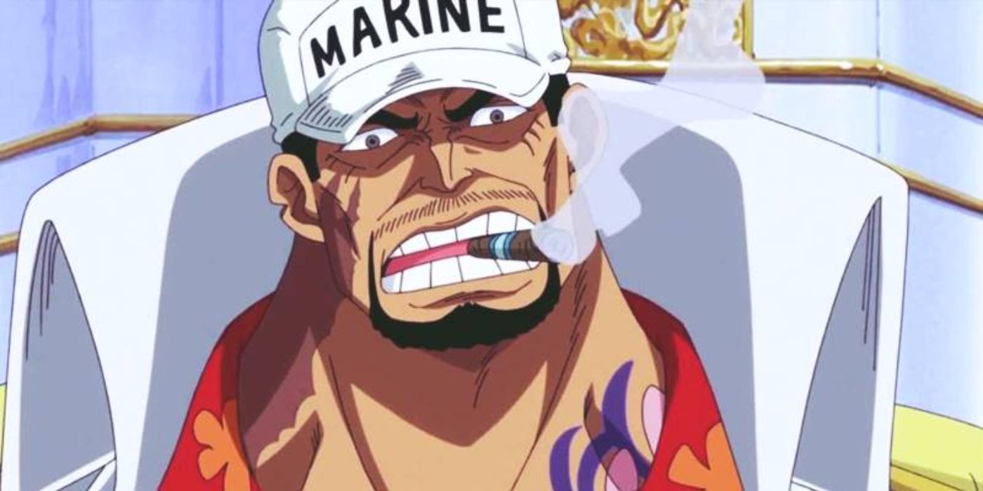 Akainu smoking a cigar in One Piece.