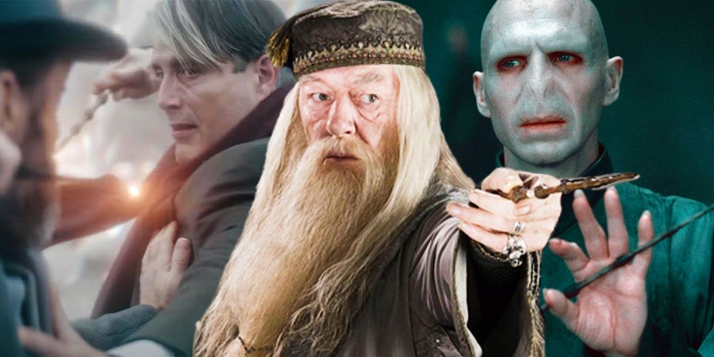 Albus Dumbledore and Lord Voldemort in Harry Potter and Grindelwald in Fantastic Beasts The Secrets of Dumbledore
