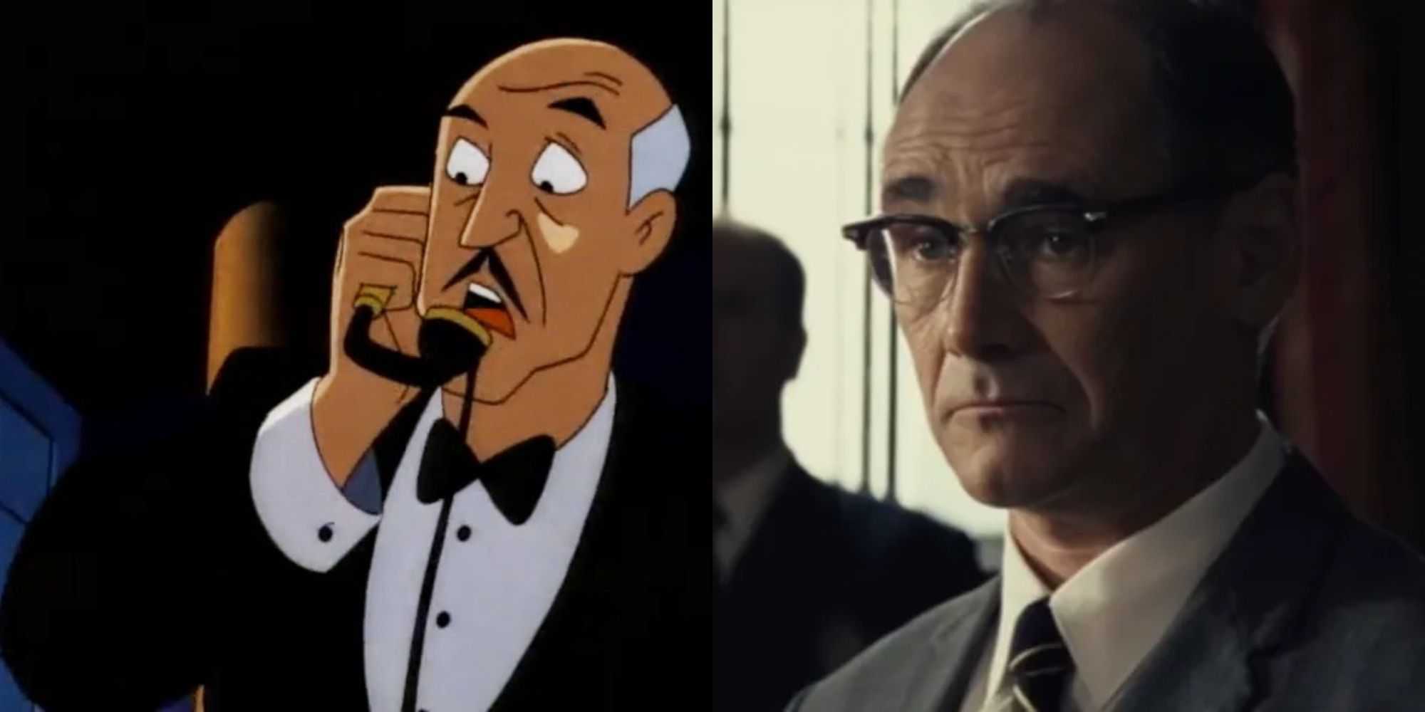 Split image of Alfred in Batman: The Animated Series and Mark Rylance in Bridge of Spies