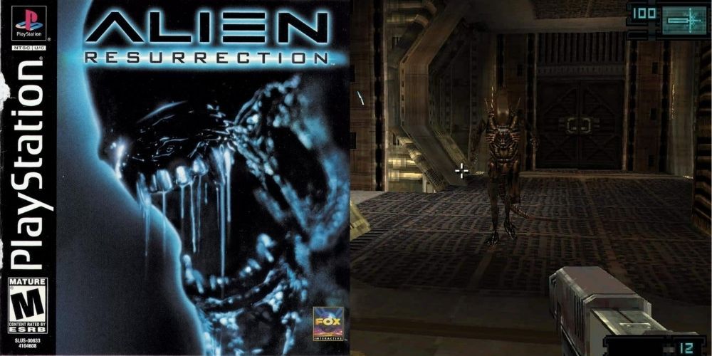 A player aims at a Xenomorph in the game version of Alien Resurrection