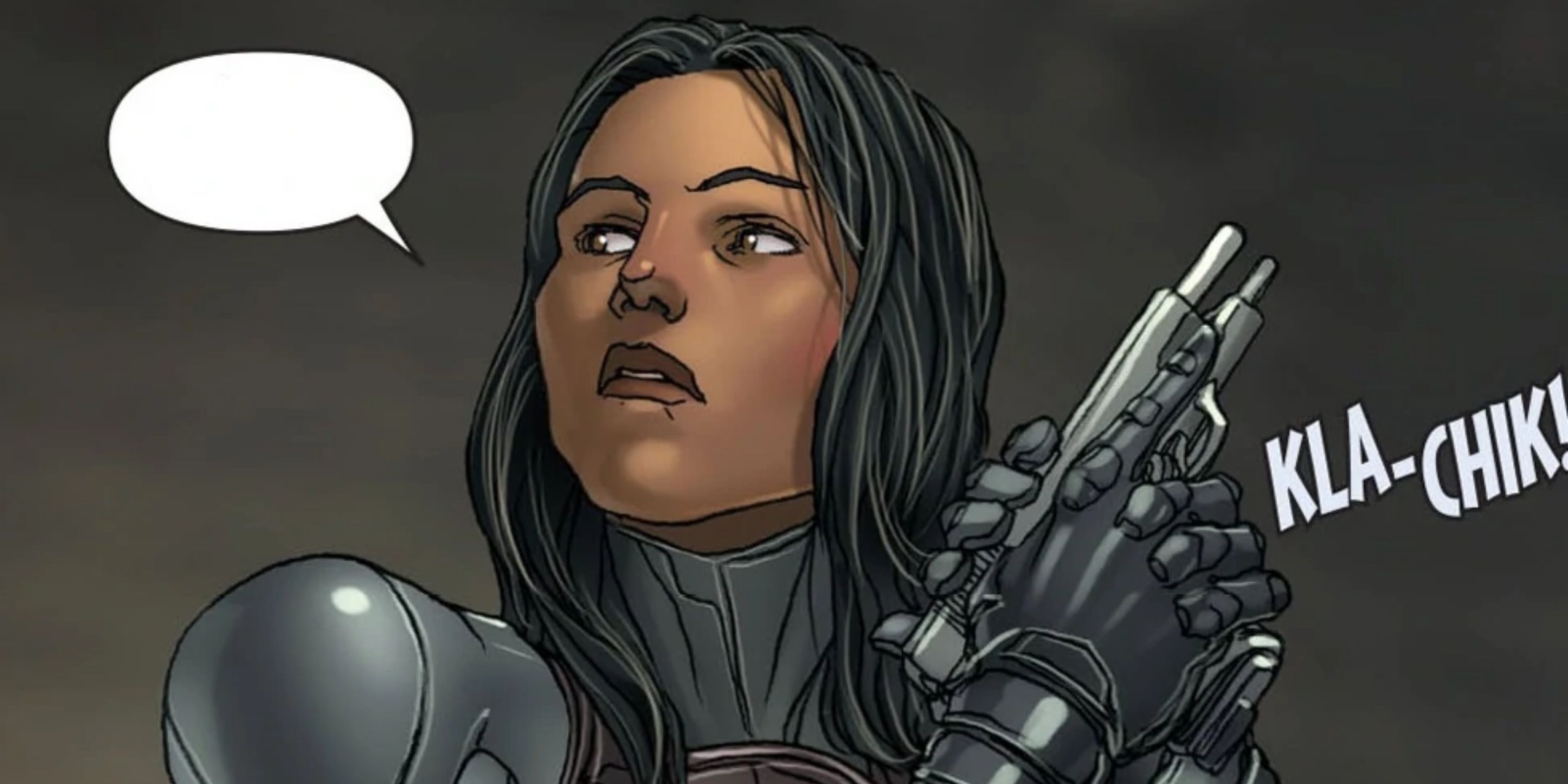 Alisande Morales clicking her gun in Marvel comics
