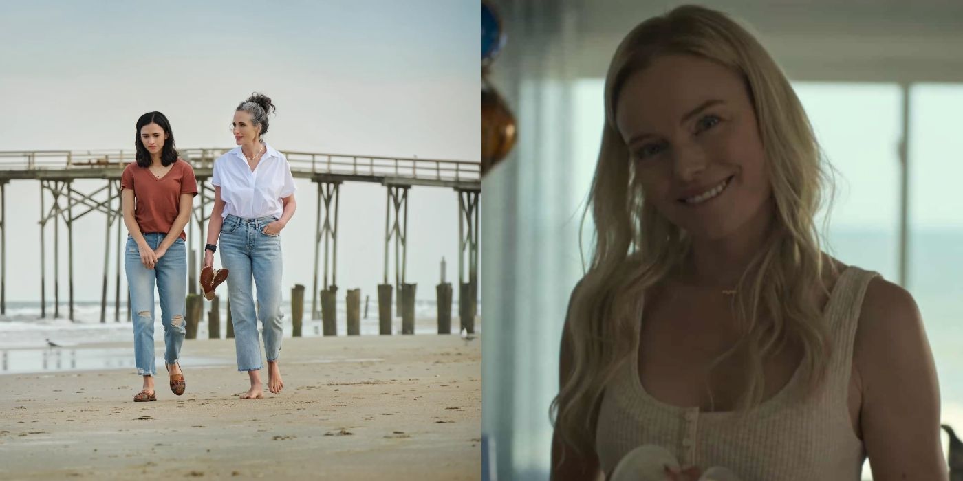 Split image of Auden and Victoria walking on the beach and Heidi smiling in Along For The Ride