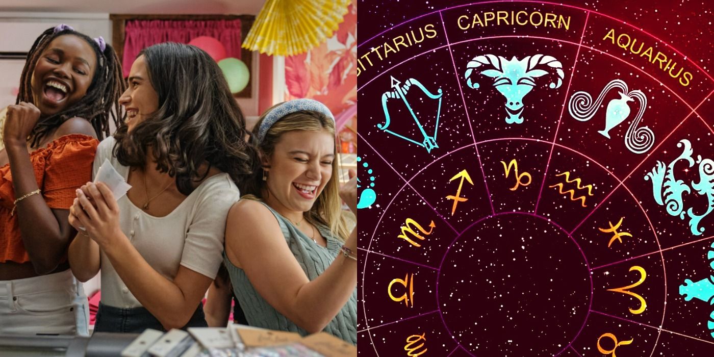 A split image features Maggie, Auden, and Leah dancing in Along For The Ride alongside a zodiac wheel