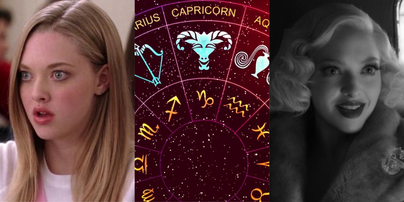 A split image features Amanda Seyfried as Karen in Mean Girls and as Marion in Mank on either side of a zodiac wheel