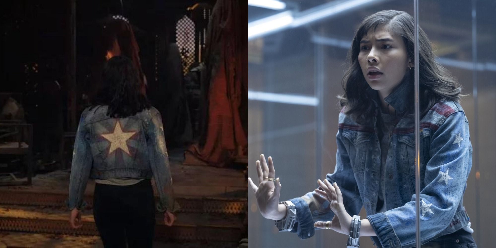 Split image of America Chavez from behind and behind a glass