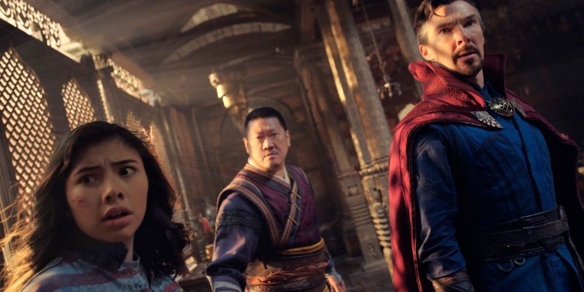 America Chavez, Wong, and Doctor Strange looking behind