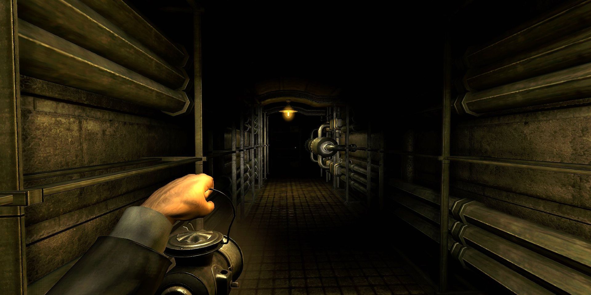 Oswald explores a dark corridor in Amnesia: A Machine For Pigs.