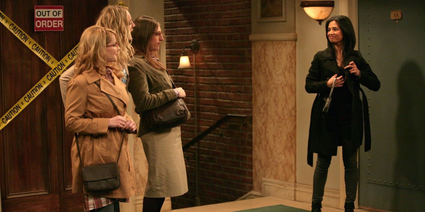 Amy, Bernadette, and Penny talking to Priya in the hallway on TBBT