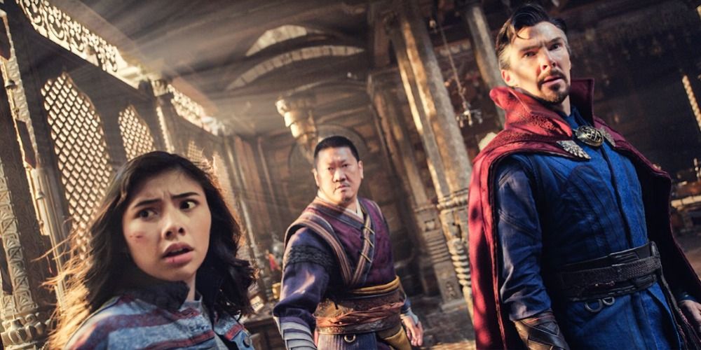 An image of America, Wong, and Doctor Strange looking scared in Doctor Strange 2