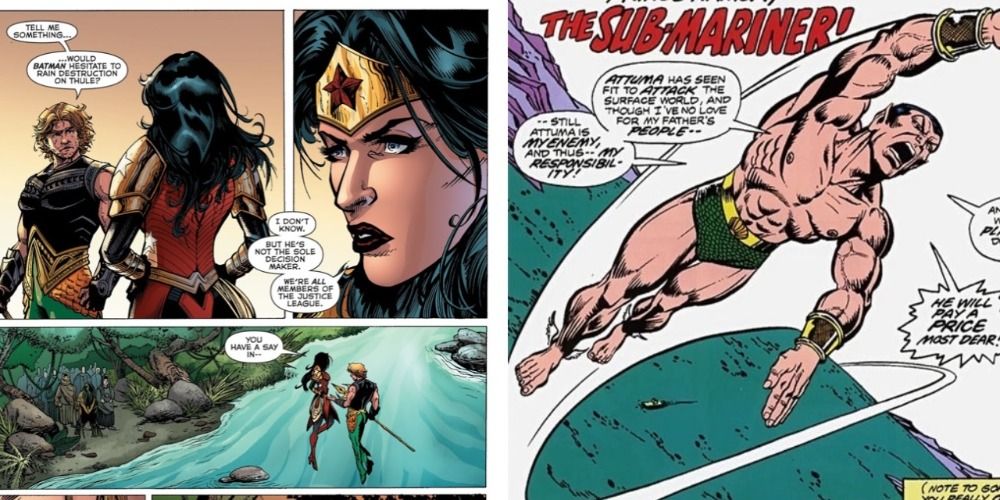 An image of Aquaman talking to Wonder Woman talking and Namor flying in the comics