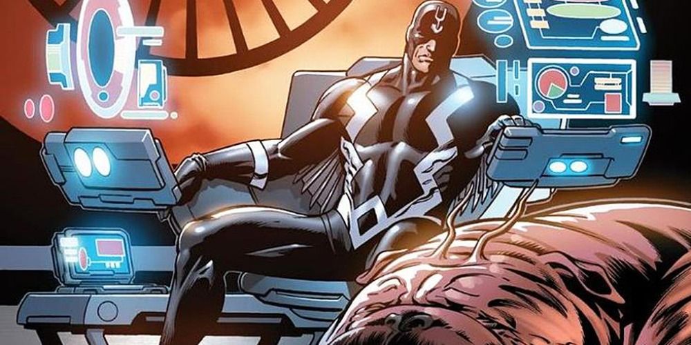 An image of Black Bolt sitting in a chair with Lockja by his feet in Marvel comics