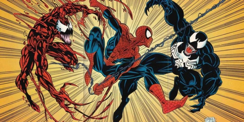 An image of Carnage Spider-Man, and Venom fighting in the Marvel comics