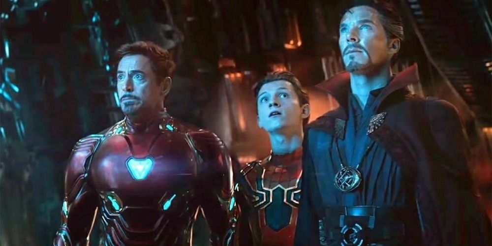 An image of Doctor Strange, Iron Man, and Peter Parker looking at the ceiling in Avengers Infinity War
