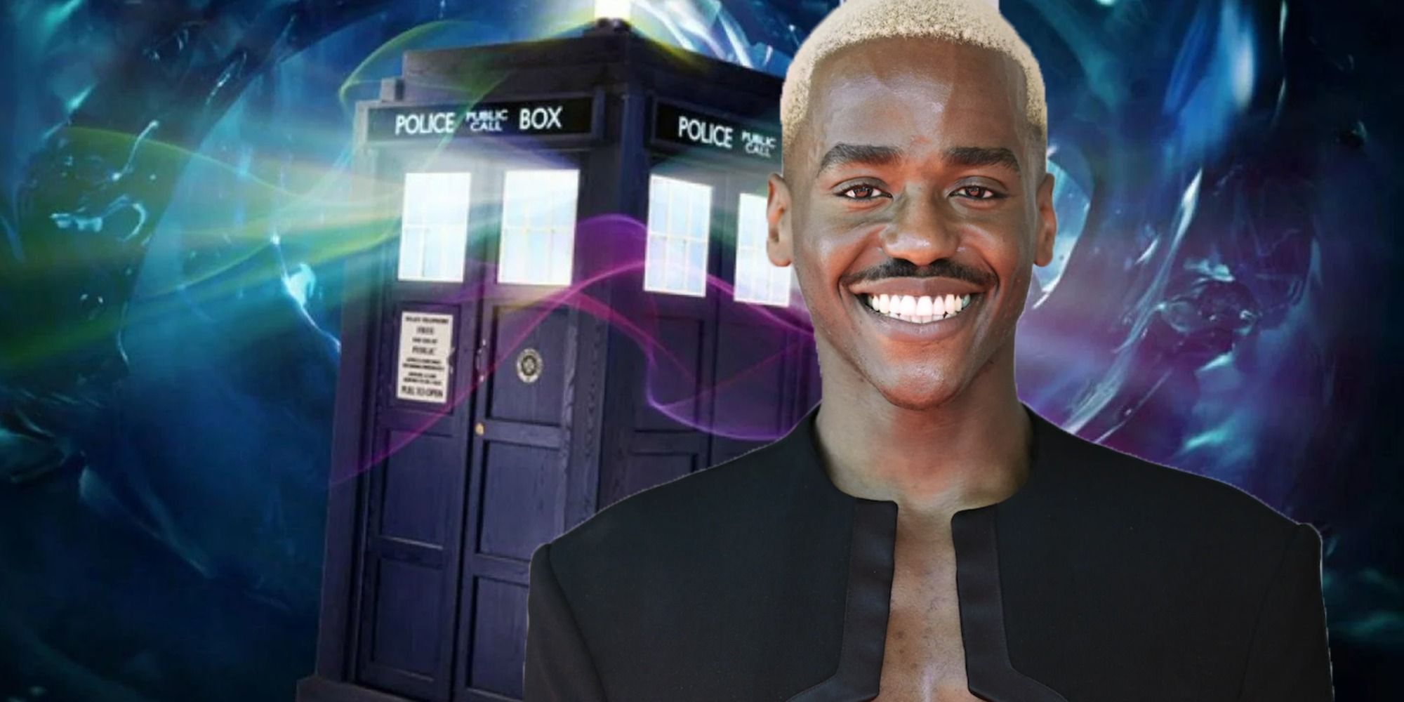 An image of Ncuti Gatwa standing in front of a Tardis