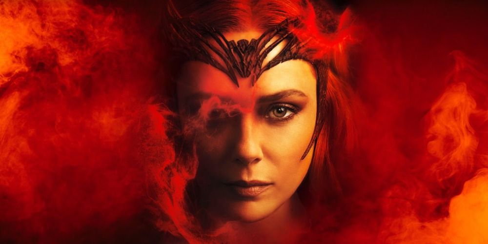 An image of Scarlet Witch's face hiding in the red mist in a Doctor Strange 2 poster