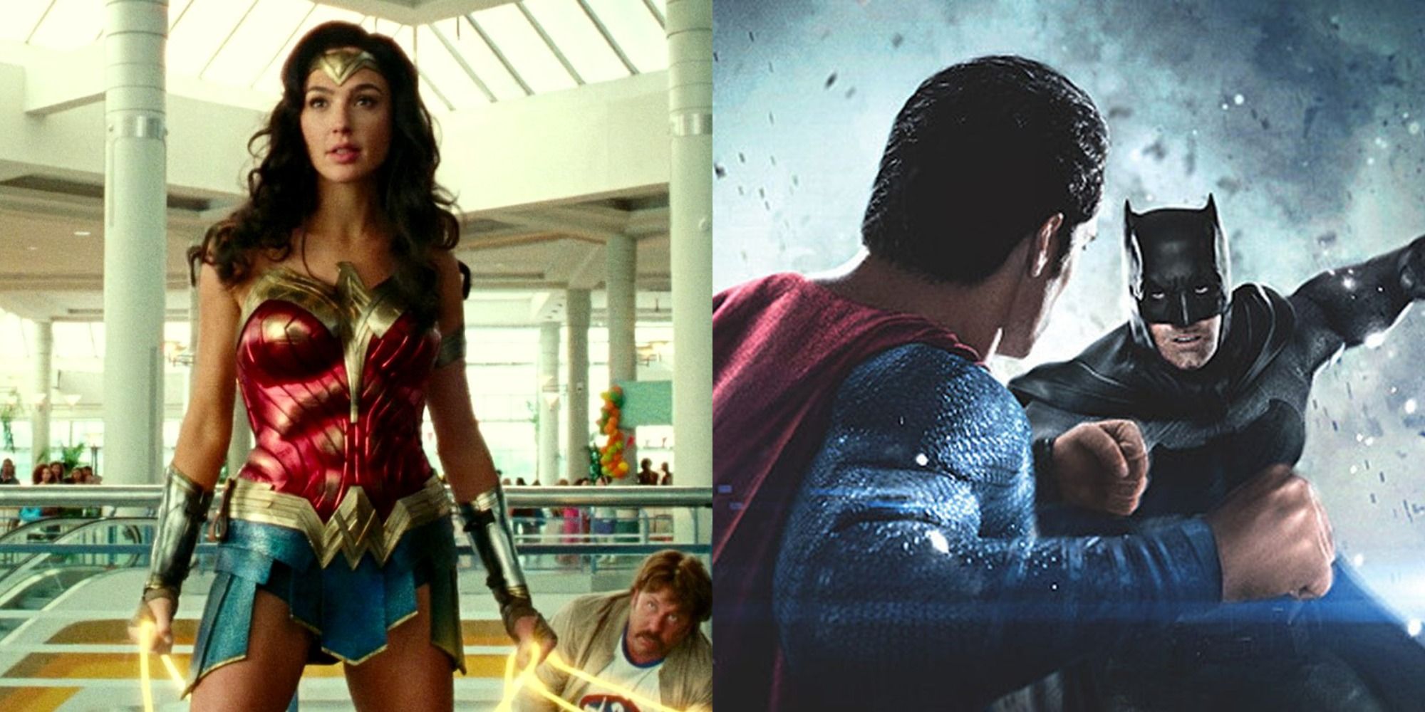 An image of Wonder Woman standing in a mall and Batman and Superman fighting