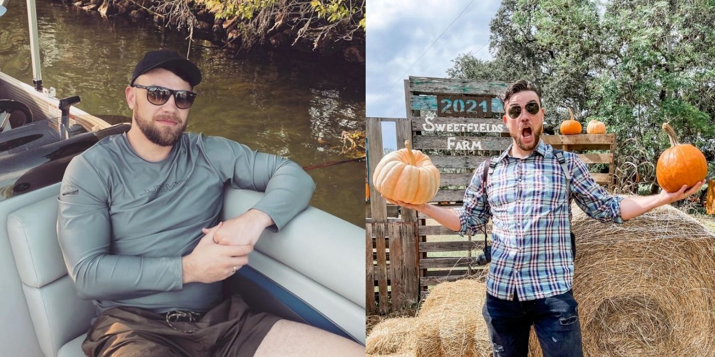 Andrei Castravet weight loss journey 90 Day Fiancé side by side images andrei in boat and andrei at pumpkin patch