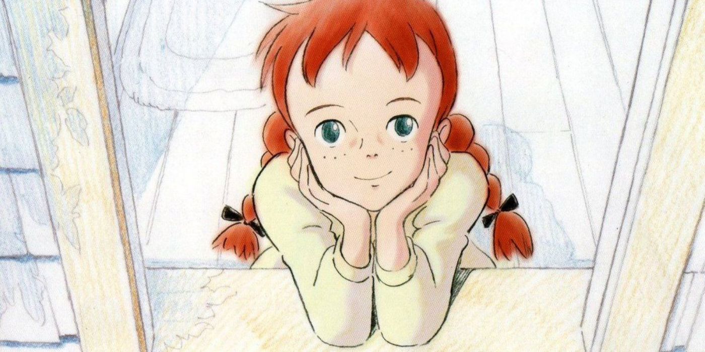 Anne looking out the window in The Anne of Green Gables anime 