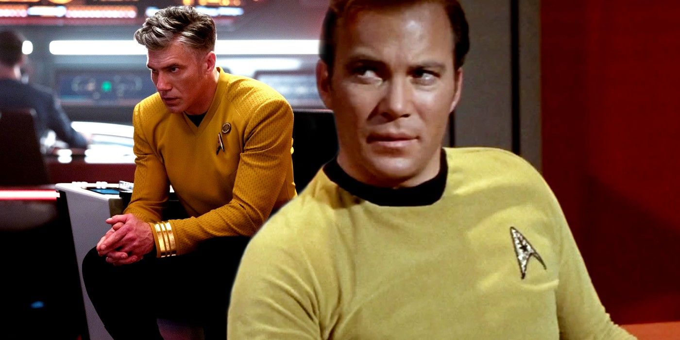 Anson Mount as Pike in Star Trek Strange New Worlds and William Shatner as Kirk in Star Trek