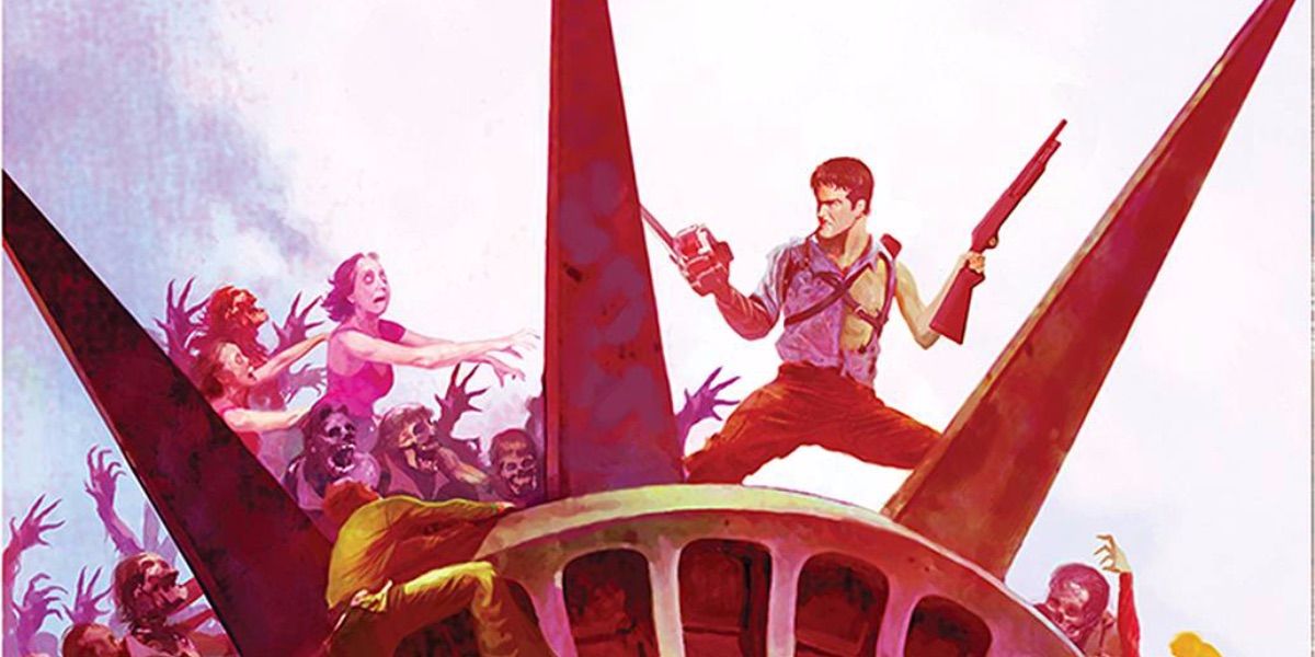 Ash is chased by zombies on the statue of Liberty from Army of Darkness comics