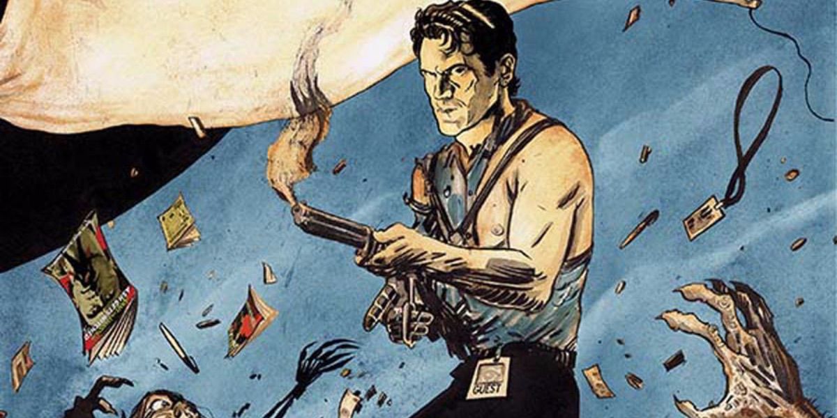 Ash fires his gun in front of a banner from Army of Darkness comics