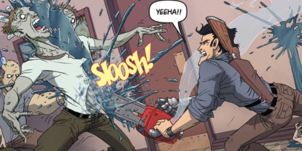 Ash chops a zombie with his chainsaw from Army of Darkness comics