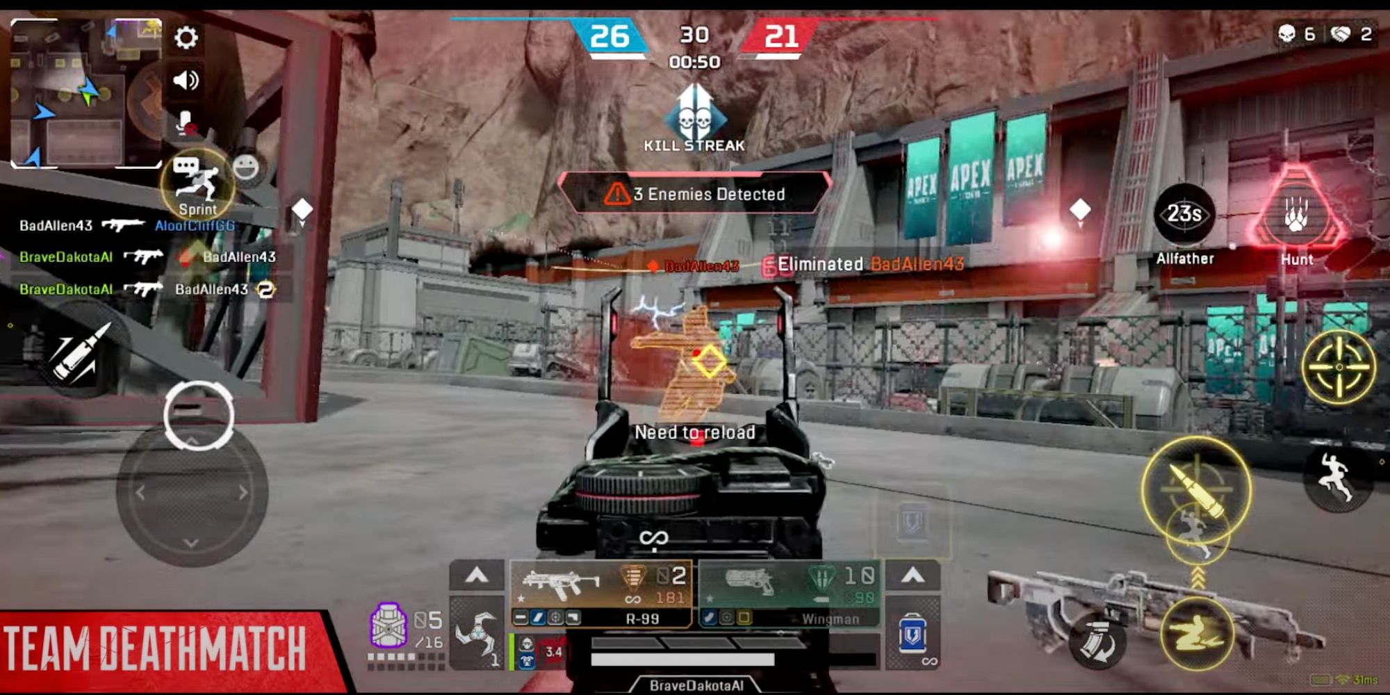 mobile gameplay with HUD and kill