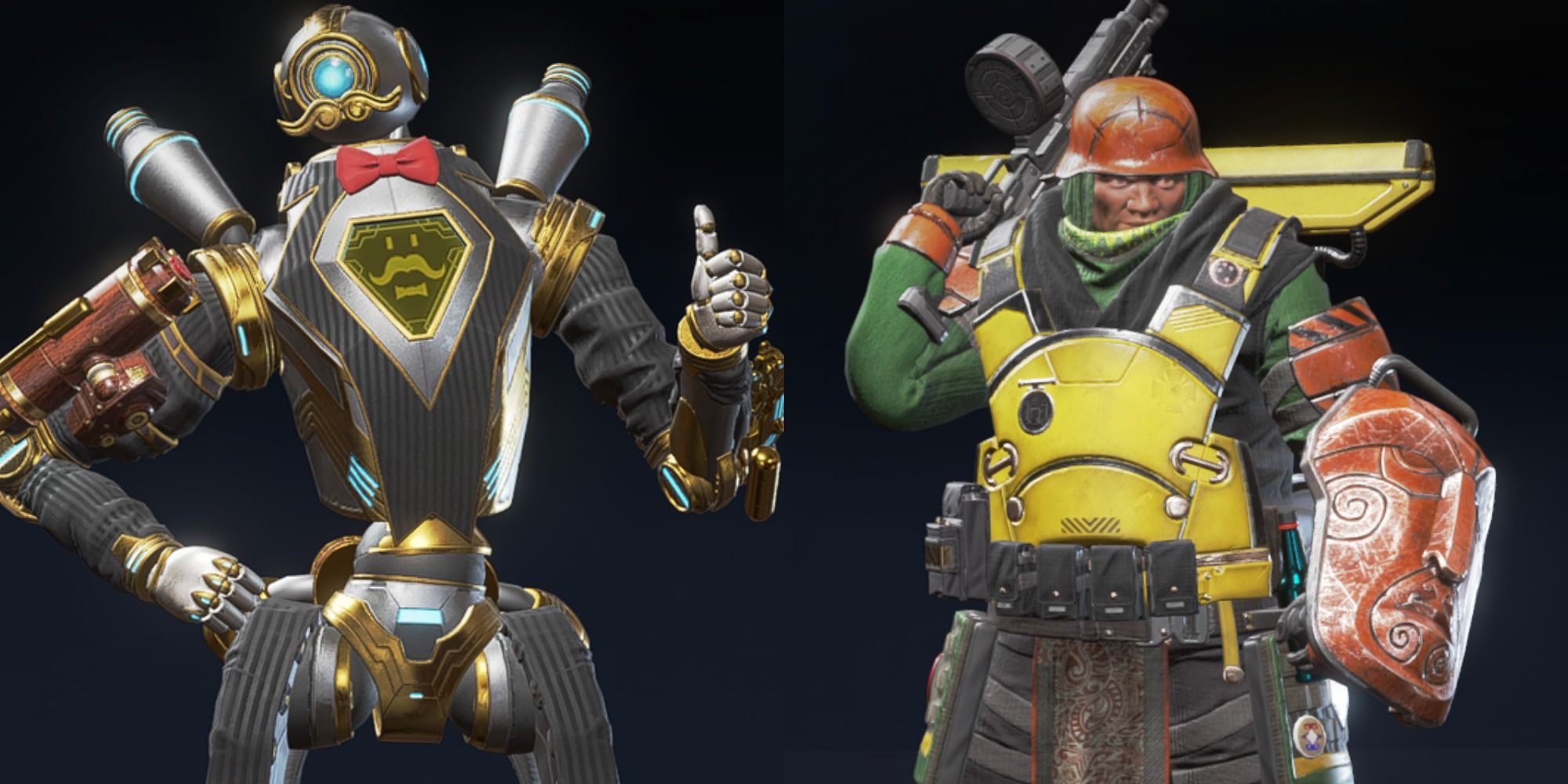 Split image showing the SRVN MRVN and Shell-Shocked skins in Apex Legends.