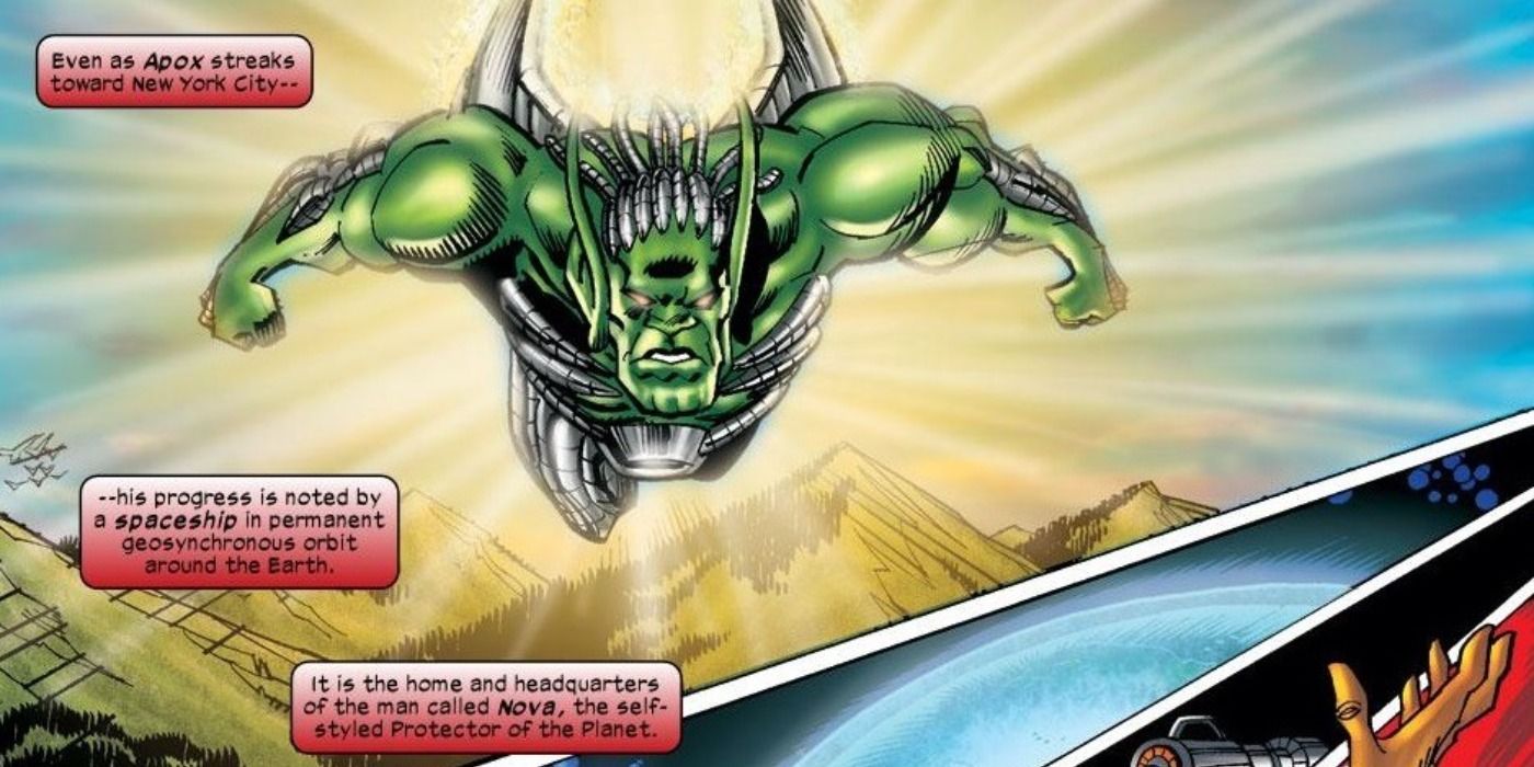 Apox flies toward Nova in Marvel Comics.