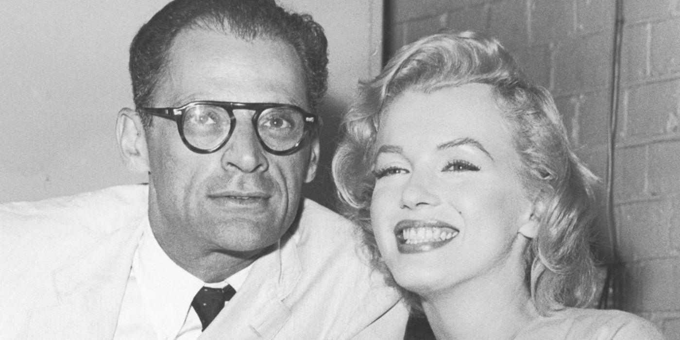 Arthur Miller and Marilyn Monroe smiling.