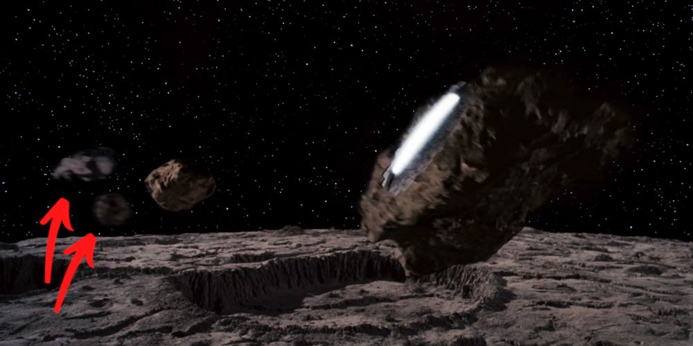 An image of rocks and asteroids flying in space in Star Wars