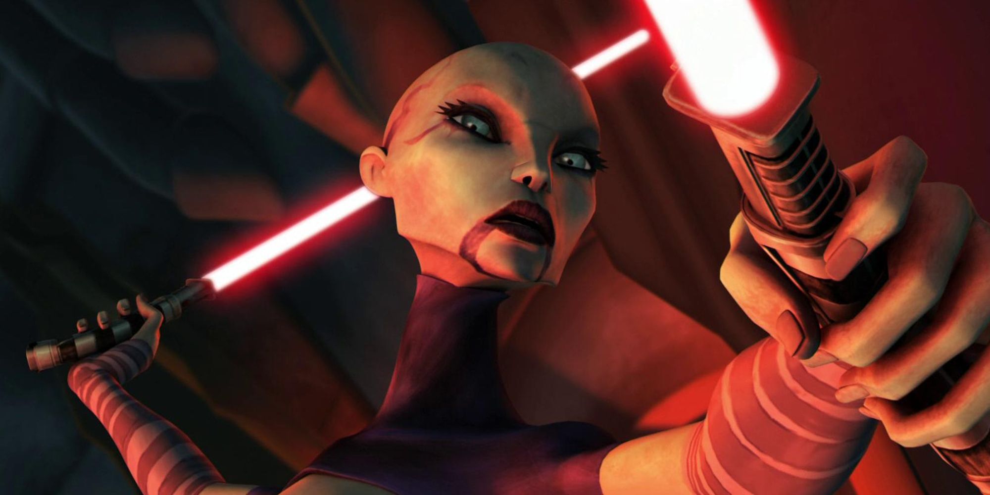 Asajj Ventress with her twin lightsabers in Star Wars: The Clone Wars.