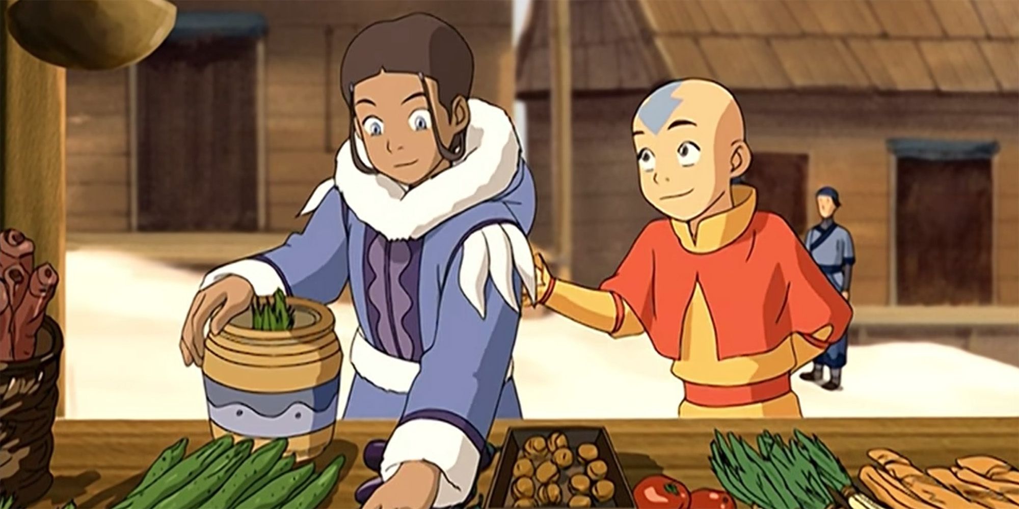 Katara and Aang in the market in Avatar: The Last Airbender