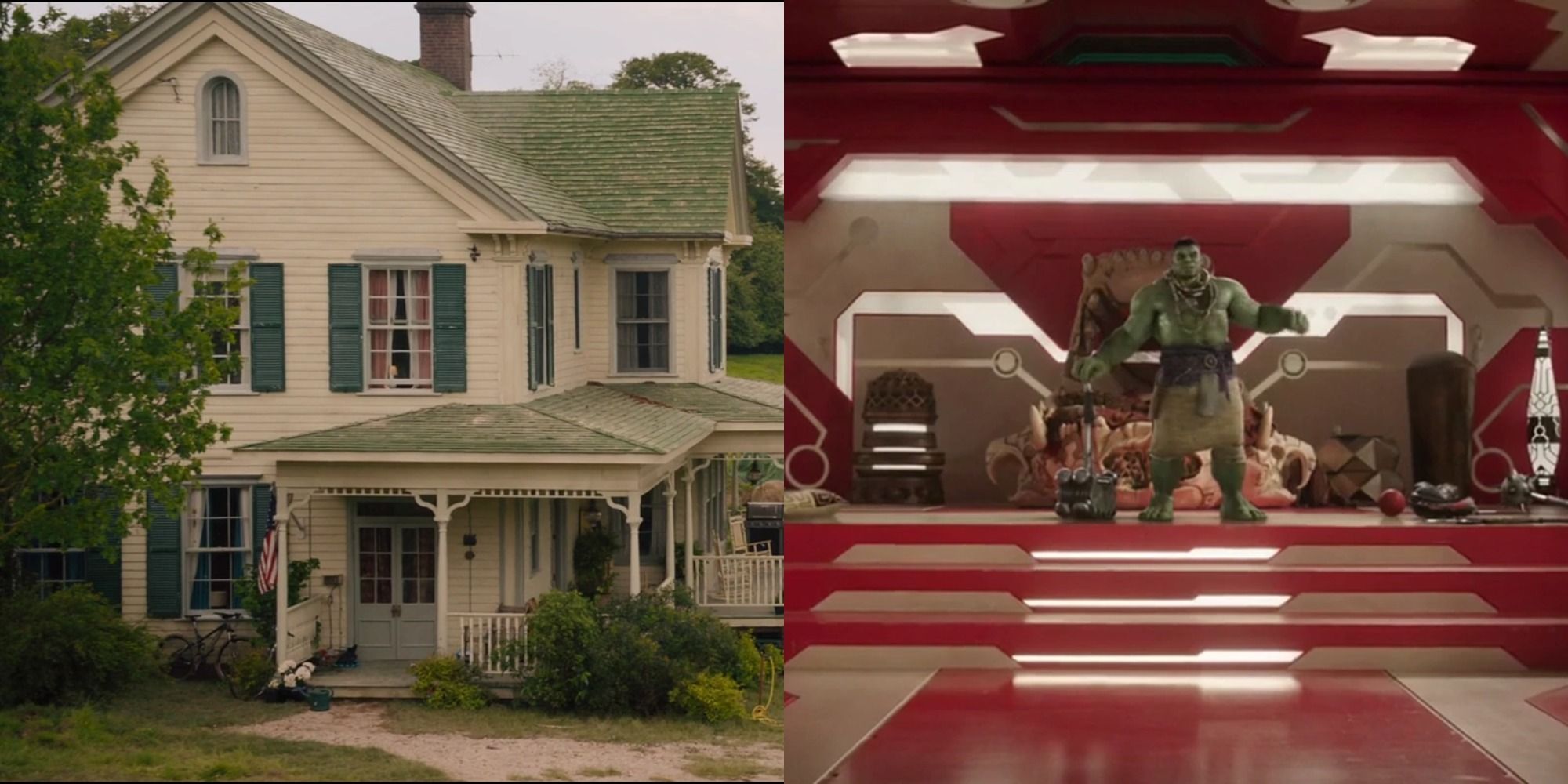Split image showing Hawkeye's farm and Hulk's Sakaar apartment.